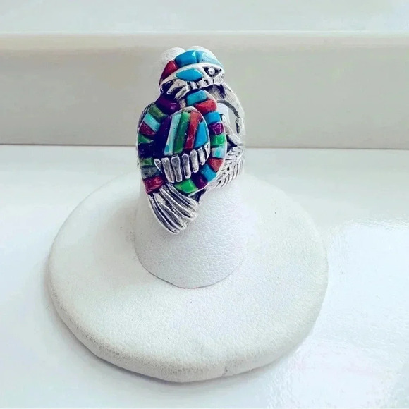 Handmade Sterling Silver & Multi Gem Inlay Bird Ring Size - Picture 1 of 7